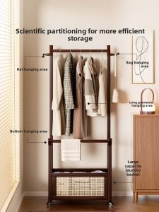 Floor Mounted Solid Wood Clothes Hanger Bedroom Mobile New Style with Dirty Clothes Basket Secondary Clean Clothes Hanger