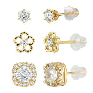Women Stud Earrings 3 Pairs Set Gold Color Copper Heart Tulip Flower Four Leaf Earrings Cute Korean Style Jewelry For Women Girls