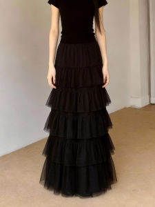 MANMI | Black Layered Fluffy High Waist Slimming Long Skirt
