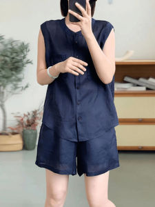 Womens Summer Fashion Loose Cotton Linen Sleeveless Top And Shorts Two-Piece Set plus Size Slimming Style Casual Wear