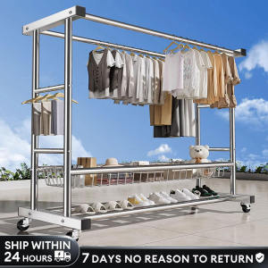 ORDNEVO Sampayan Stainless steel clothes drying rack Home Indoor Balcony Double rod Removable Hanging quilt rack