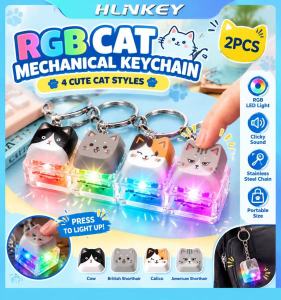 HLINKEY 2PCS Cat Fidget Keychain RGB Light Up Mechanical Keyboard Button Stress Relief Toy Acrylic Base Keyring Pendant For Bag Car Keys Gift