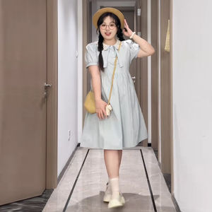 ชุดเดรสแขนพองคอตุ๊กตาสไตล์เกาหลีเอวสูง ทรงเอ กระโปรงยาวปานกลาง ทรงหลวม สไตล์หวานๆ สำหรับผู้หญิงไซส์ใหญ่