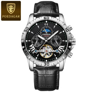 POEDAGAR Luxury Automatic Mechanical Men Watch Hollow Tourbillon Waterproof Luminous Male Clock Week Date Business Mens Watches
