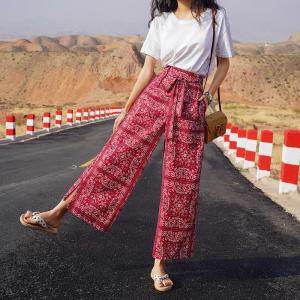 Womens Bohemian Beach Pants High Waist Wide Leg Pants Summer Travel Vacation Printed Long Trousers with Slits Casual Street Style