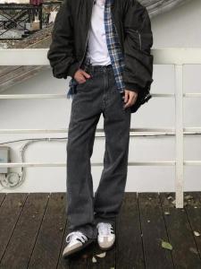 American High Street Vibe Retro Black Grey Loose Straight Leg Mens Jeans Casual Trendy Long Pants mid Waist Jeans