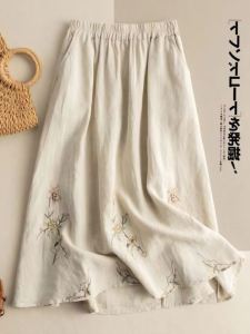 กระโปรงทรงเอเอวสูงผ้าลินินผสมคอตตอนปักลายแฟชั่นฤดูร้อนใหม่สีพื้นอเนกประสงค์กระโปรงทรงเอผู้หญิง