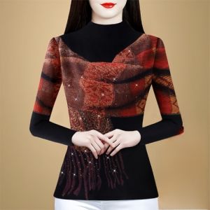 MAIMEI | Thickened Long Sleeve Printed Base Shirt Womens Fashion Mommy Style Mid-life Slim Fit 3D Print Underwear Korean Version T-shirt