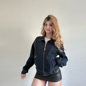 Washed Deep Blue Denim Jacket Street Style Loose Fit Womens Outerwear Cotton Blend Zipper Closure Long Sleeve Classic Coat