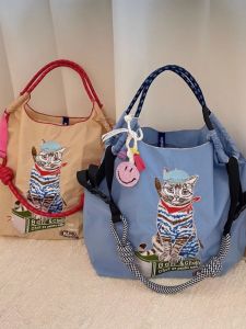 Large Capacity Nylon Embroidered Ball Chain Shopping Bag Cat Painter Daily Casual Crossbody Bag Handheld Shoulder Satchel