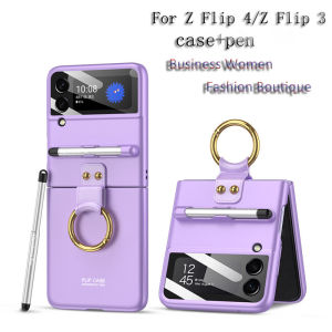 สำหรับ Samsung Galaxy Z Flip 4เคสแหวนหัวเข็มขัดเชลล์ฟิล์มรวมทุกอย่าง Z Flip 3เคสพร้อมปากกา