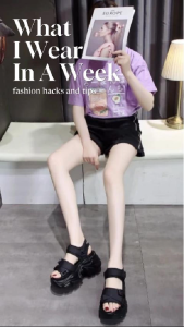 Gevani Sandal Gunung Tali Wanita Gladiator Fahion Kasual Korea Sol Tebal 5 Cm Hitam Putih (508)