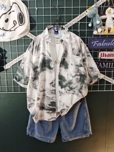 Summer Thin Mens Tie Dye Shirt Watercolor Print Denim Short Set Breathable Ice Silk Loose Fit Casual Youthful Style Short Sleeve