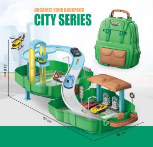 Childrens DIY Assembly Track Vehicle Toy Backpack Transformable Parking Lot Storage Set Railway Model Car Playset for Kids