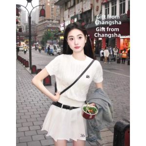 HUOLISI | White Cool Silk Embroidery Knit Slim Fit Short Tshirt