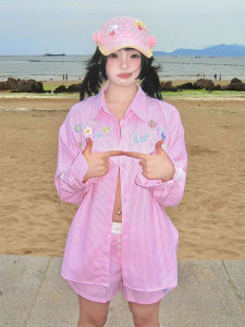 Áo Khoác Sơ Mi Dài Tay Mùa Hè Mỏng Chống Nắng Rộng Rãi Cổ Polo Thêu Nhiều Màu Phong Cách Hàn Quốc Cho Nữ