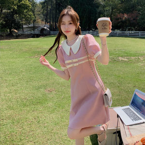 Pink Doll Collar Summer Dress Womens French Tea Break Sweet Active A-Line Skirt Short Sleeve High Waist Gingham Pattern