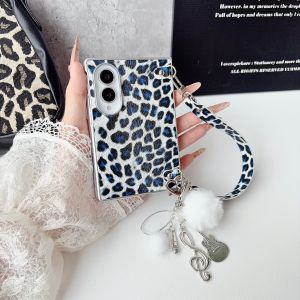 szhaiyu | Leopard Print Plating Case for Samsung Galaxy Z Fold 8 Ultra 7 6 5 Plush Fur Ball Music Guitar Pendant Wrist Strap Phone Cover