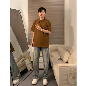 Brown Short Sleeves Polo Shirt Mens Handsome Shirt Lightly Mature Fancy American Half-Sleeve T-shirt Summer 2024