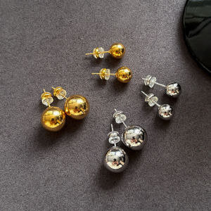 True Gold Plating Polished Small Bean Stud Earrings Womens S925 Pure Silver Needle Metal round Ball Hoops Earring Jewelry