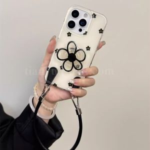 Fashionable Black Flower Stand for Apple 17Promax iPhone 15 Dark Style 14Pro Crossbody 13 Adjustable Strap 15PM Fashion Niche 16 Lanyard 4Artistic