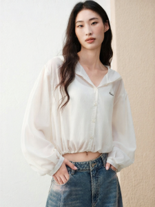 PEACEBIRD | Slim Light Pearl Feel Hooded Long Sleeve Shirt Jacket