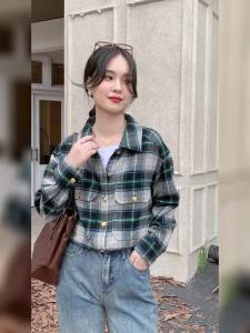 AMMIN 2024 Autumn new simple lapel fashion r green plaid print long sleeve shirt Womens Korean style loose double pocket single breasted blouse elegant