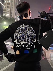 Trendy Handsome round Neck Sweatshirt Mens Spring and Autumn Casual Print Jacket Long-Sleeved T-shirt 2024 New Arrival Black Tops