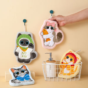 Cute cat hand towel hanging type absorbent small square towel for kitchen and household use