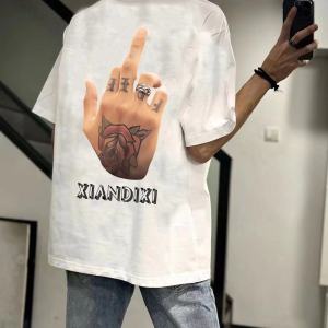 Pure Cotton Heavy Weight Summer New Arrival 2024 Social Middle Finger Individual Short-Sleeved T-shirt Men and Women Loose Ins Tops Tide