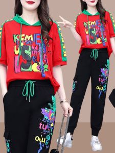 Fashionable Sportswear Set Womens Summer 2025 New Arrivals Casual Short Sleeve Long Pants Two-piece Set Popular Style Cotton Blend