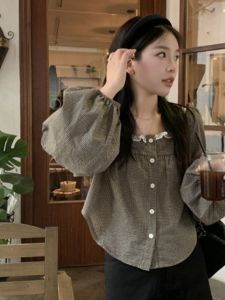 Chic Retro Plaid Long Sleeve Blouse for Women Spring Season Design Slim Fit Lantern Sleeve Work Clothing With Square Collar