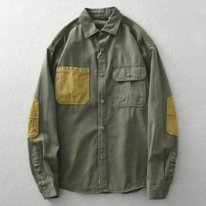 Pure Cotton Long Sleeves Shirt American Workwear Retro Color Matching Plus Size Autumn and Winter Stitching Army Green Tops Mens Casual Tops