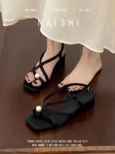 NAISHI | Sheepskin Black Fine Strap French Pearl Open Toe Square Heel Comfortable Sandals