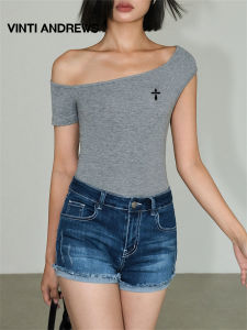 Off-Shoulder Short Sleeve Fitted T-shirt