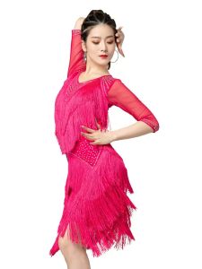 One-piece Women Dance Competition Ballroom Samba Costume Party Stretchy Fringes Latin Dress Mesh