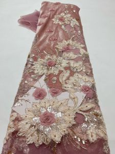 OLEVO | Popular Design Fashion African Hand Made 3D Beaded Net Lace Sequins French Fabric Mesh Lace Evening Party Dress Sewing AT2885