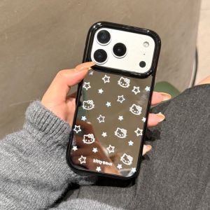 Sanrio | Cute Cartoon Girl Makeup Mirror Full Screen Star Lines Hello Kitty Phone Case For iphone 17 16 15 14 Pro Max 13 Shockproof Cover