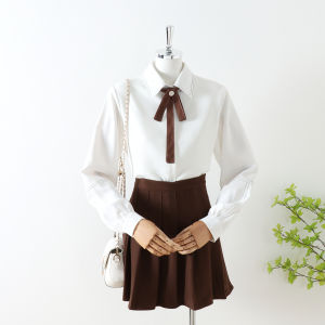 เสื้อเชิ้ตผู้หญิงแขนยาวสไตล์วินเทจฤดูใบไม้ร่วง/ฤดูหนาว ทรงหลวม สไตล์วิทยาลัยฝรั่งเศส คอโปโล สีพื้น ผ้าฝ้ายผสมโพลีเอสเตอร์