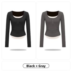 miiow | Plus Size Fake Two-Piece T-Shirt Womens New 2025 Lenzing Lyocell Cotton Slim Fit With Chest Pad Top Round Neck Long Sleeve