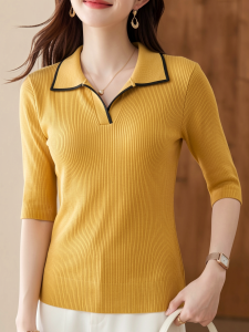 Basic House | Retro Elegance Yellow Collared Short Sleeve Slimming Knit Top