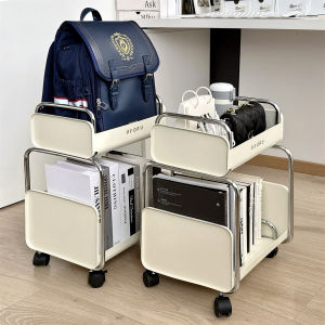 Mobile Bookbag Rack with Wheels Double Layer Iron Art Storage Organizer for Student Desk under Table Book Placement Holder