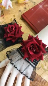 Rose Lace Wristband Gothic Gloves Wedding Flower Bracelet Red Fingerless Halloween Ruffle Cuffs Bracelets Dark Rose Lace Bracelet Womens Wristband Wedding Dress Red Sleeve Lolita Style Fashion Jewelry Accessories Hand Chain