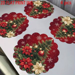 VIKAMA 4-Piece Round Christmas Table Mat Set Non-Slip Washable Coasters Holiday Table Decor Christmas Tree Floral Pattern