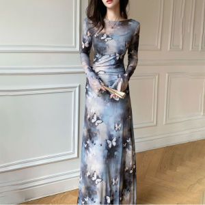 French Style Retro Trumpet Sleeve Chinese Ink Style Dress Womens Autumn New Arrival Long Sleeves Butterfly Waist Slimming Inner Bodycon Dress