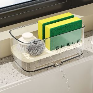 Kitchen Sink Sponge Rack with Drainage Shelf and Dish Towel Holder Countertop Storage for Sponges Soap Brushes Cloths