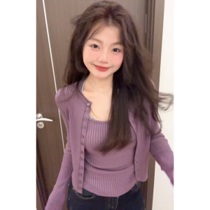 Áo Len Cardigan Dệt Kim Màu Tím Ôm Vừa Vặn Cho Nữ Mùa Xuân 2025 Áo Len Cardigan Hai Mảnh Áo Len Cardigan Dài Tay Cổ Vuông