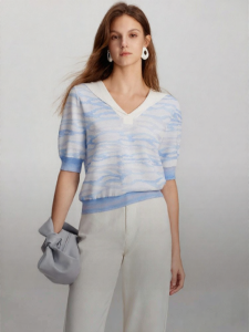 Elle | Blue French Gradient V-Neck Knitwear Thin Mid-Sleeve Sweater