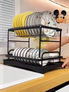 1/2 Layer Dish Rack Carbon Steel Dish Drying Rack with Drip Tray and Rotatable Drain Multi Functional Kitchen Organizer for Plates Cups Knives and More