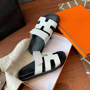 Black White Thick Bottom Clog Slippers for Women Summer Outdoor Beach Magic Tape Slip-On Shoes Sweet Style PU Lined Flats